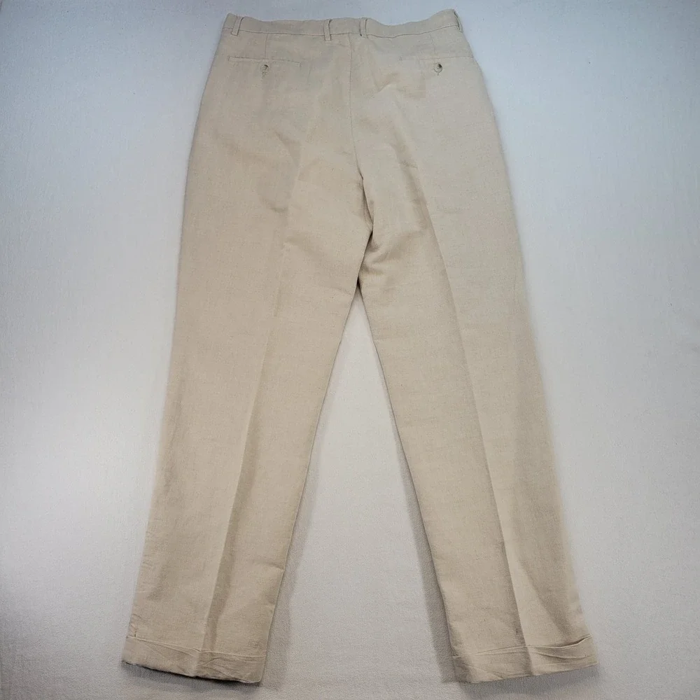 Club Room Pleated Trousers Mens 38x34 Beige Linen Cotton Cuffed Straight